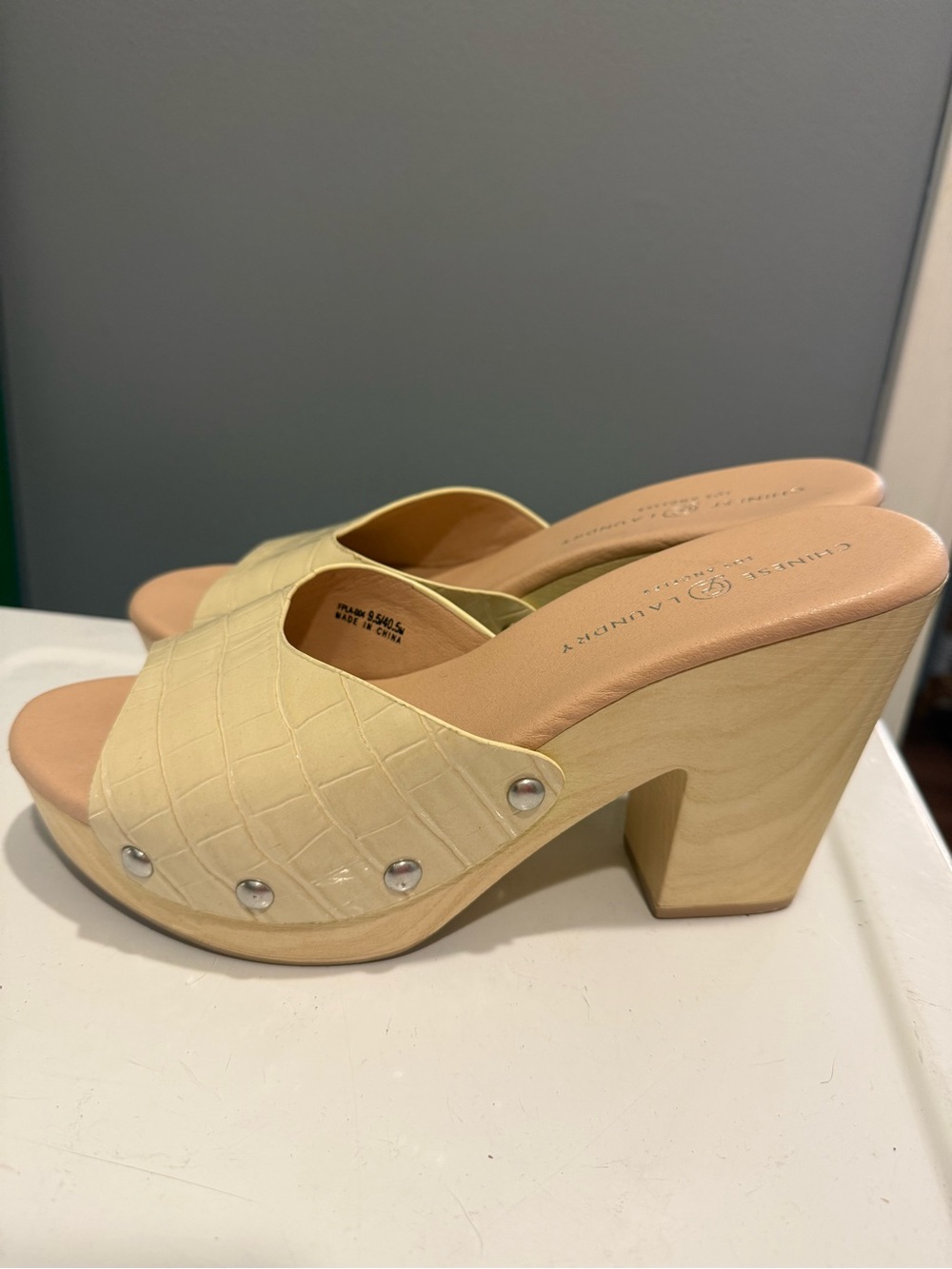 Chinese Laundry Cream Croc-Embossed Slide Clogs with Wood Block Heel